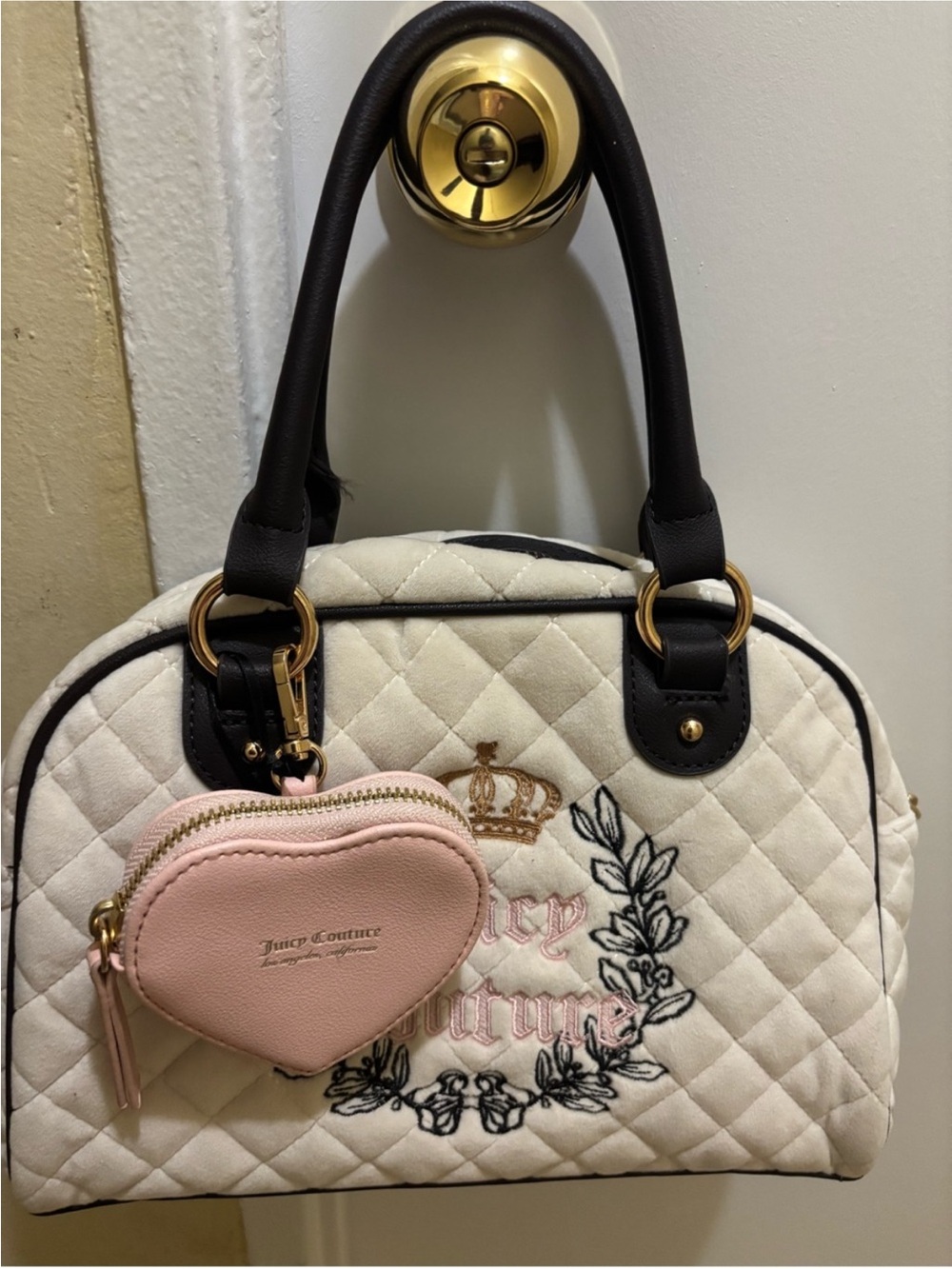 Juicy Couture Quilted Cream Dome Satchel with Pink Heart Coin Pouch
